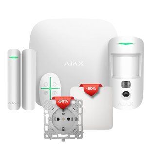 Комплект бездротової сигналізації Ajax StarterKit Cam (8EU) UA white + Вимикач Ajax LightSwitch 1-gang White одноклавішний + Реле Ajax OutletCore 1733555 фото